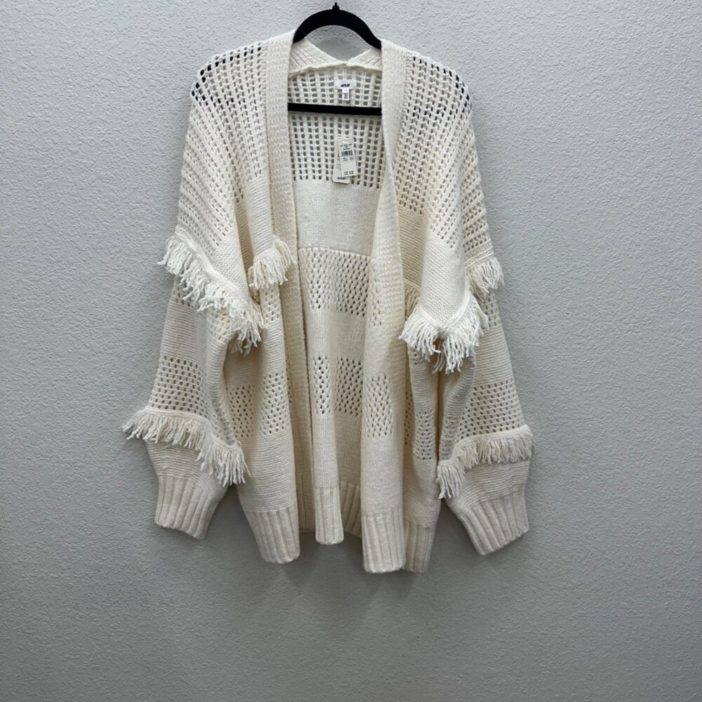 Aerie Natural Knit Fringe Open Front Cardigan Sweater Womens size Large NEW